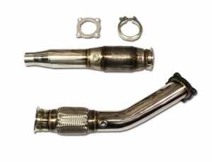 Downpipe for Golf 4, Audi A3, Seat Leon 1.8T ø 76mm with 200 Cell Sports Cat with E-Mark up to Euro 4 compliant Flex Pipe Interlock - Stainless Steel